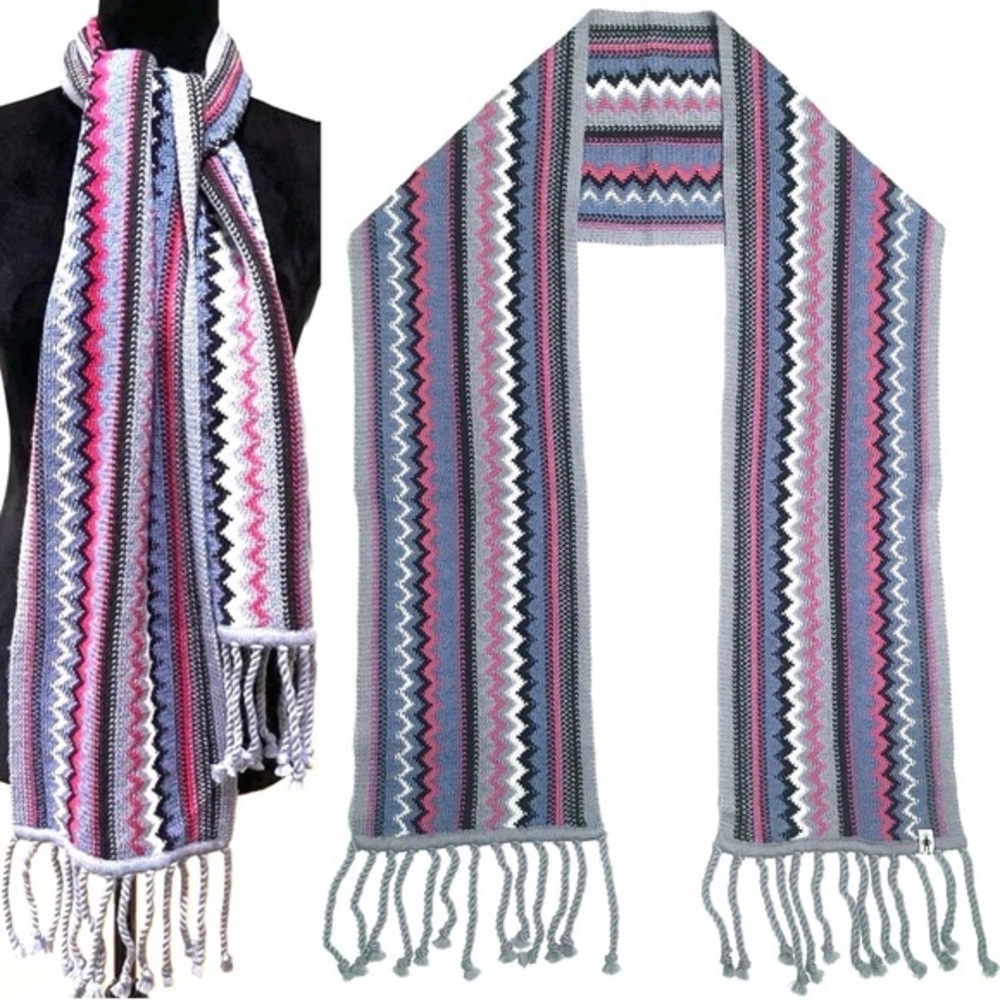 SmartWool Knit Scarf Chevron Stripe Fringe Merino Smart Wool Grey Gray Blue Pink